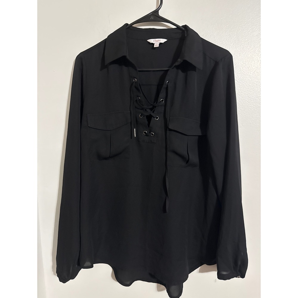 Candies Womens Black Lace Up V-Neck Long Sleeve Blouse Top Large Pockets